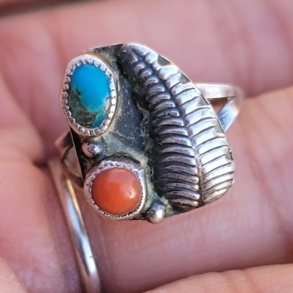 Native American handmade vintage 925 sterling silver turquoise + coral squash bl - Picture 13 of 13